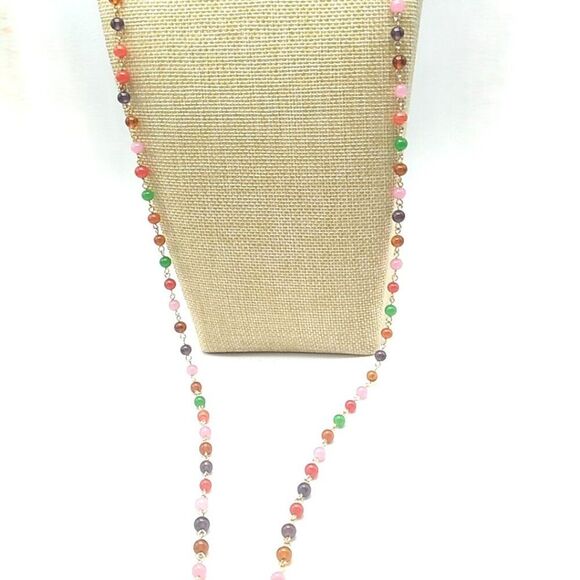 Long Multi-color Small Glass Beaded Necklace 46 inches Spring Ring - Picture 2 of 14